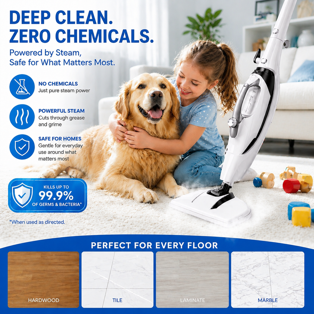 GLEEHILL Steam Cleaners Handheld, 13-in-1 Foldable Steam Mop with Detachable Handheld Cleaner, Adjustable Steam, Fast Heat-Up, 400ML Tank, 8M Cord for Tile, Carpet, Kitchen, Window & Bathroom